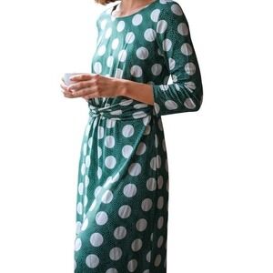 Boden Green White Polka Dot Midi Dress Retro Preppy Ruched Waist Stretch US 8